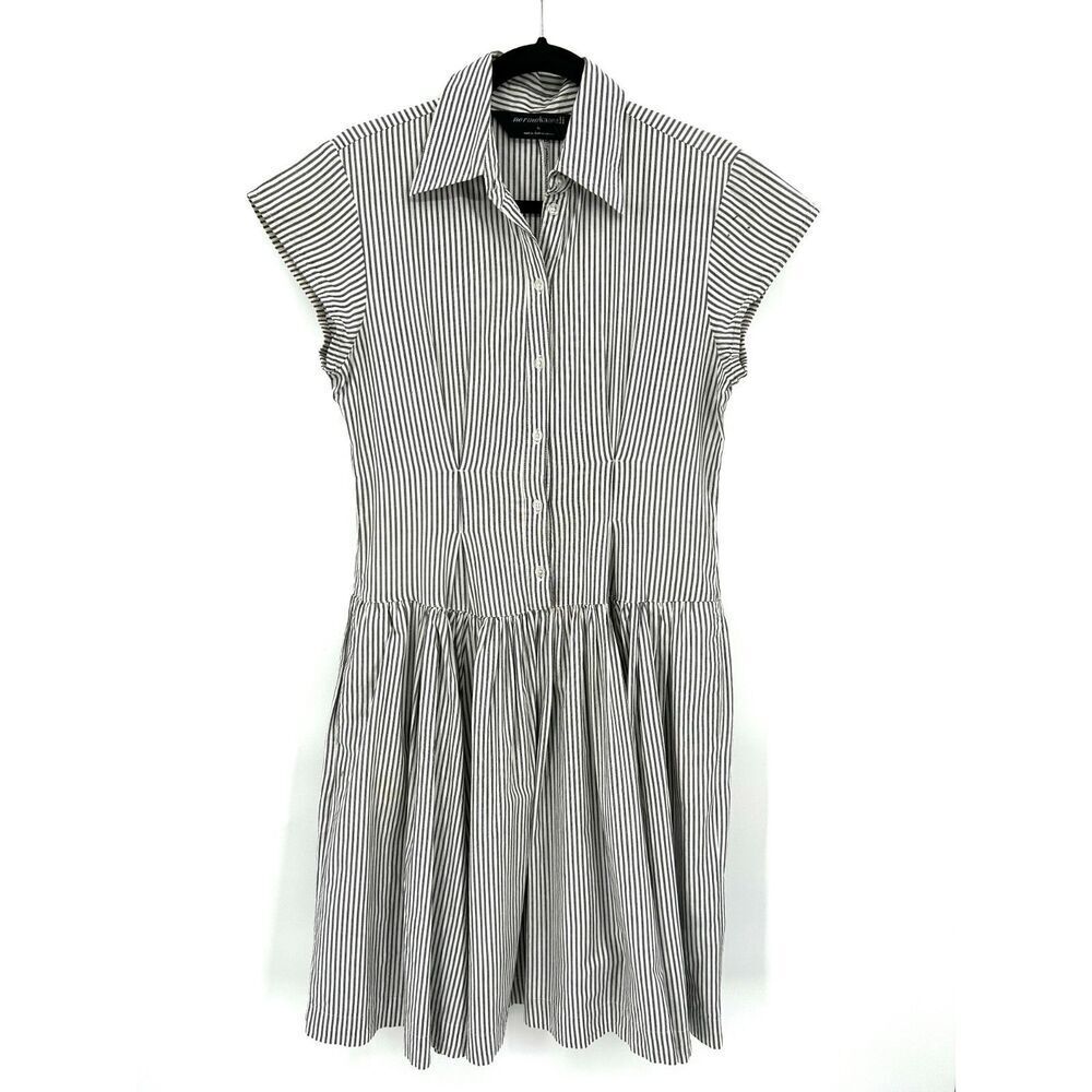 NORMA KAMALI Gray White Stripe Drop Waist Pleated Button Midi Shirt Dress Medium